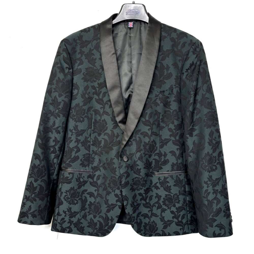Saville Row Black Floral Satin Shawl Lapel Slim Cut  Evening Formal Jacket